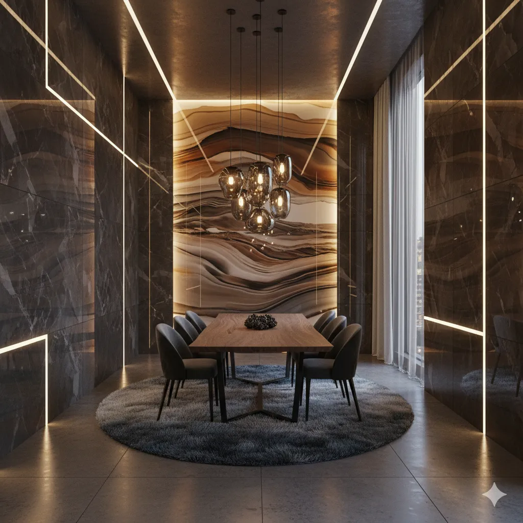 Dining room with immersive lighting and depth-creating material choices