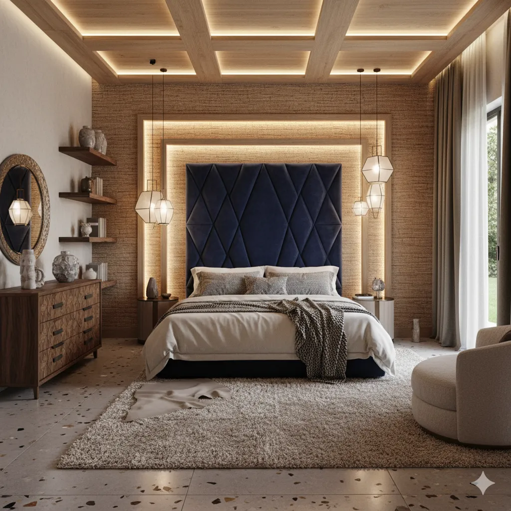 Bedroom interior featuring rich textures and dimensional design elements